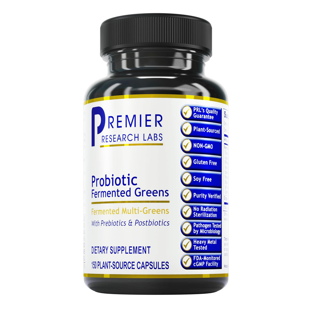 Premier Research Labs probiotic fermented greens capsules for daily wellness support.
