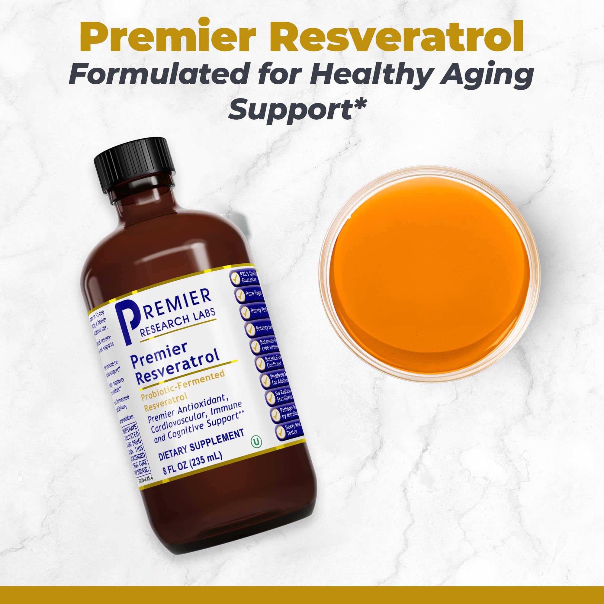 Close-up of Premier Research Labs Resveratrol bottle showing probiotic fermentation for enhanced absorption.
