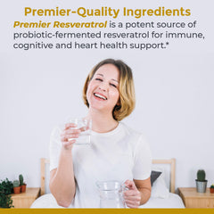 Premier Research Labs Resveratrol bottle label highlighting probiotic fermentation for enhanced absorption.