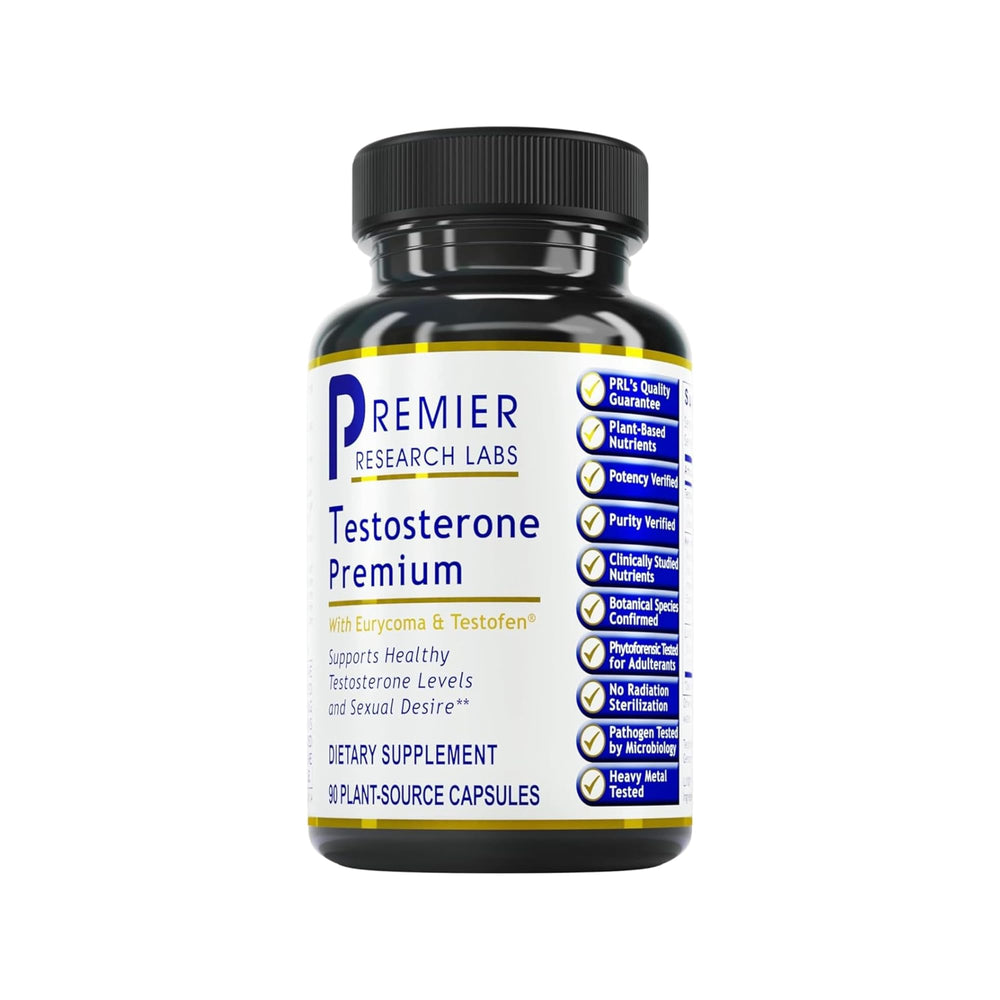 Premier Research Labs Testosterone Premium bottle front with 90 capsules for daily vitality