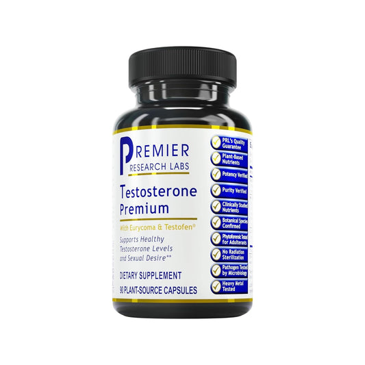 Premier Research Labs Testosterone Premium bottle front with 90 capsules for daily vitality