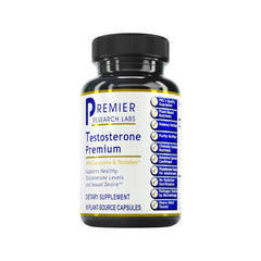 Premier Research Labs Testosterone Premium bottle front with 90 capsules for daily vitality