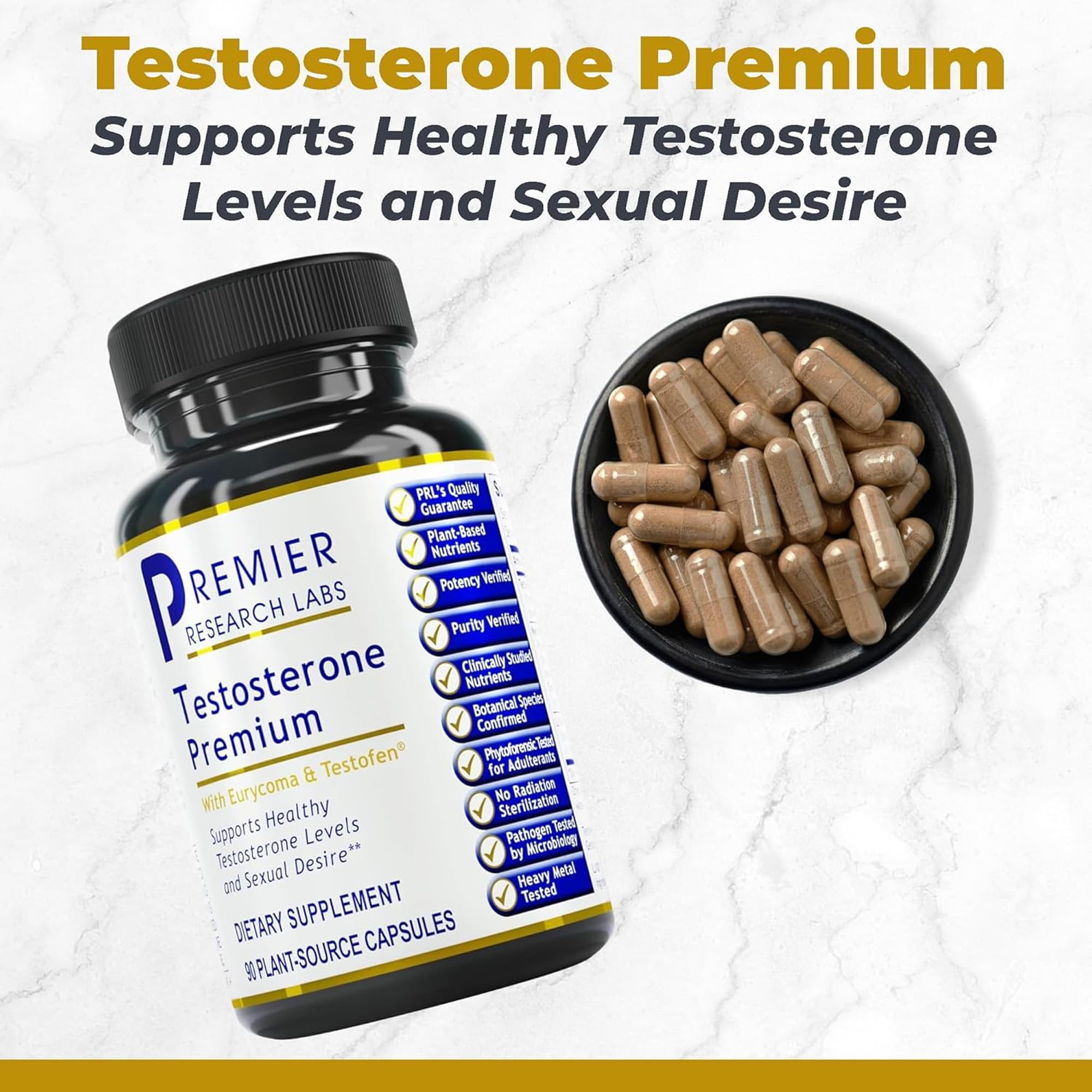 Close-up of Premier Research Labs Testosterone Premium capsules