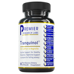 Premier Research Labs Tranquinol bottle on nightstand signaling a calm evening routine