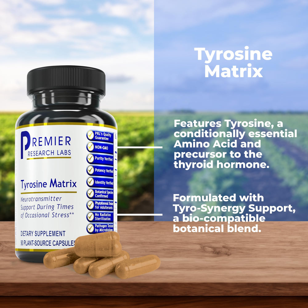 Premier Research Labs Tyrosine Matrix capsules closeup highlights high-potency L-tyrosine.