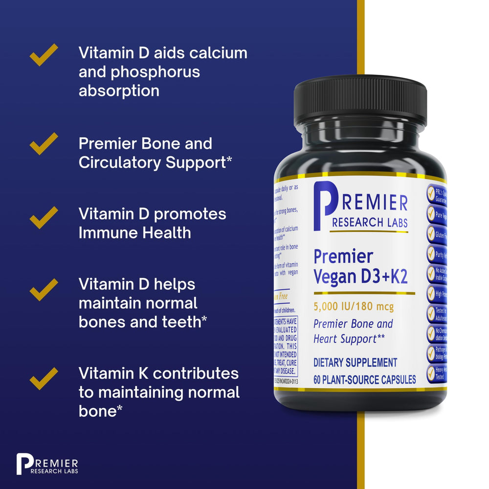 Premier Research Labs vegan D3+K2 capsule close-up emphasizing 5000 IU D3.