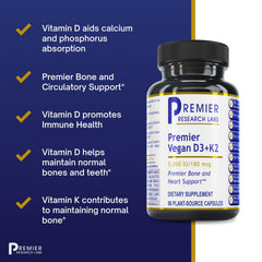 Premier Research Labs vegan D3+K2 capsule close-up emphasizing 5000 IU D3.