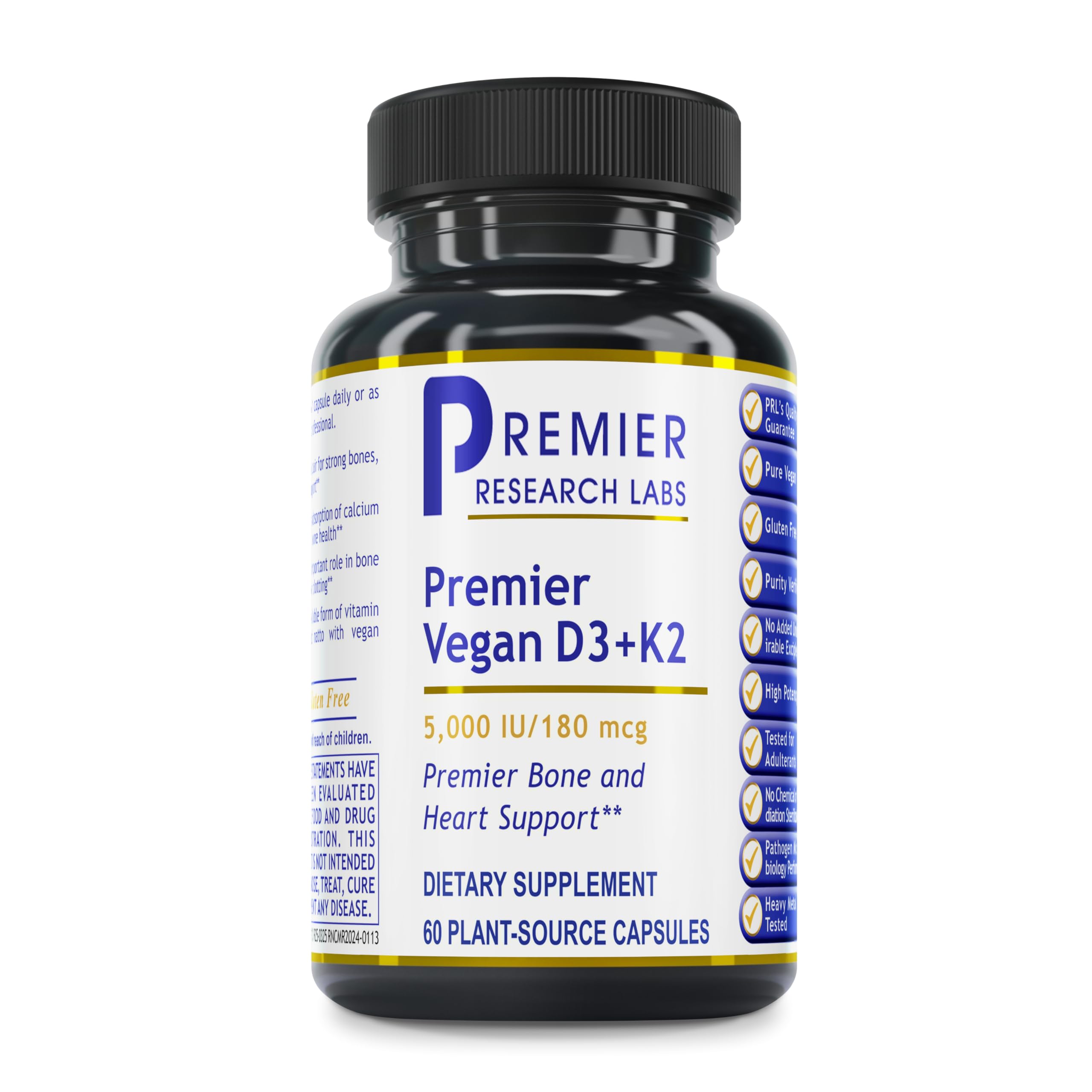 Premier Research Labs vegan D3+K2 capsule close-up for daily calcium support.