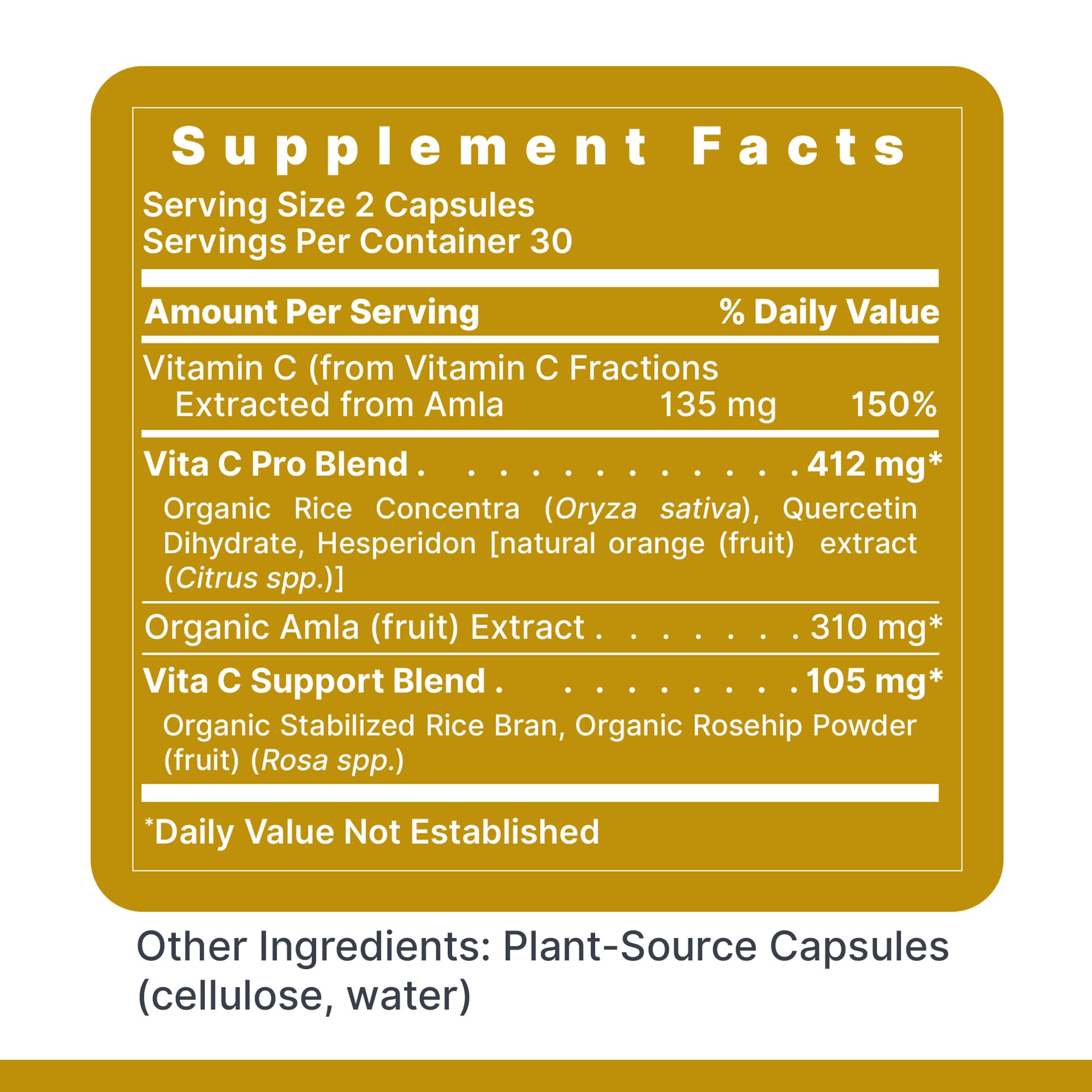 Vitamin C capsules highlighting whole-food formula and bioflavonoids.
