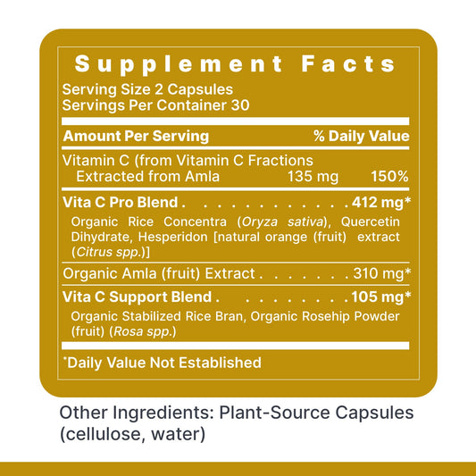 Vitamin C capsules highlighting whole-food formula and bioflavonoids.