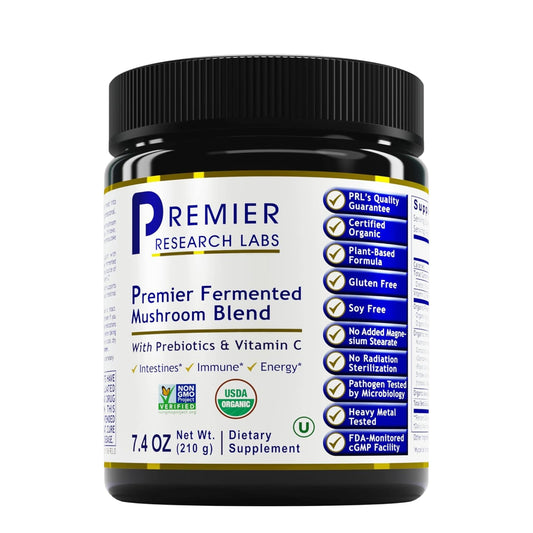 Premier Research Labs fermented mushroom blend reishi powder pour supports daily immune wellness