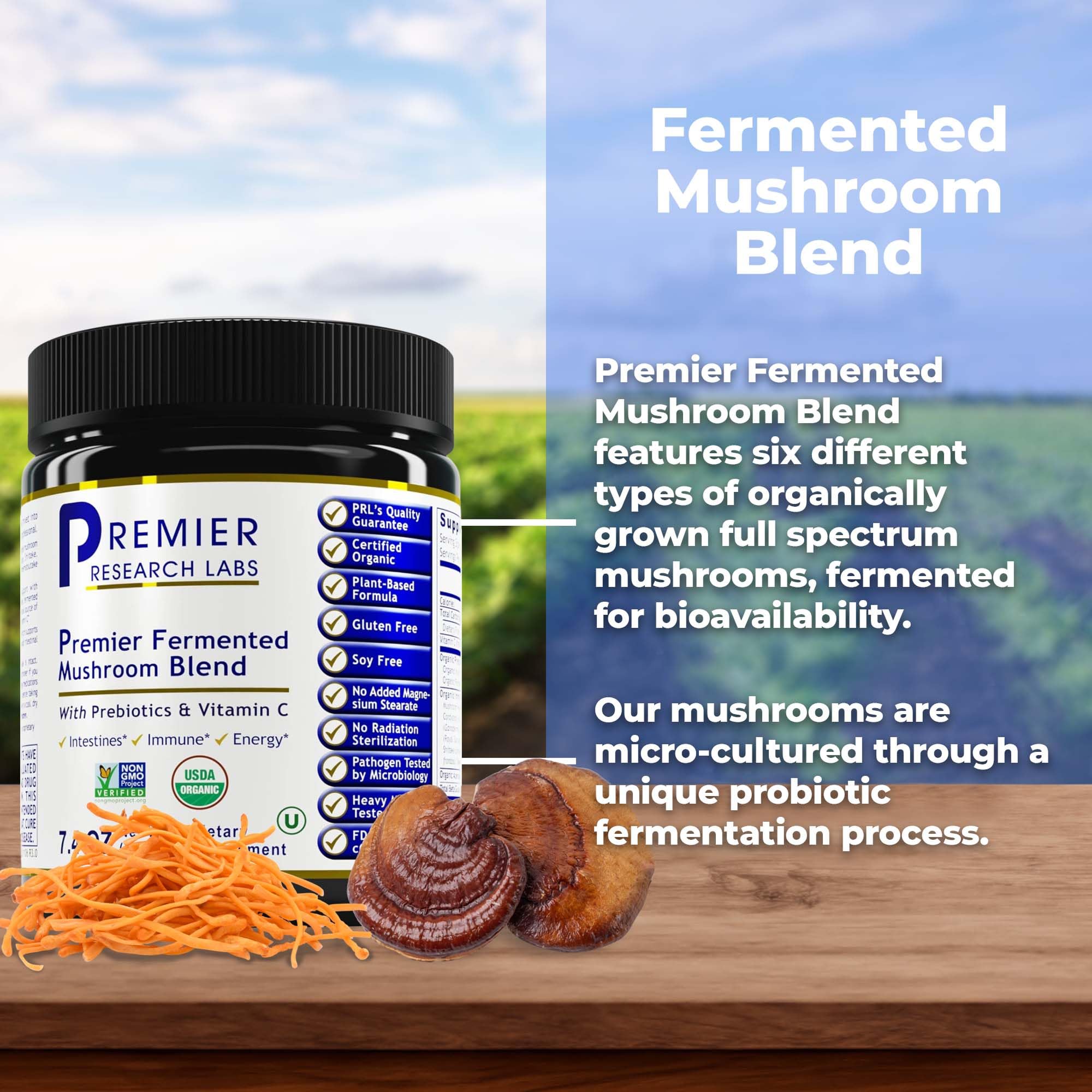 Premier Research Labs fermented mushroom blend turkey tail close-up highlights digestion-friendly ingredients