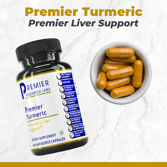 Premier Turmeric Capsules bottle back view lists ingredients and daily-use guidance with meals