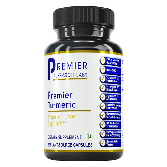 Premier Turmeric Capsules bottle front view showing 60 vegetarian capsules for daily liver support