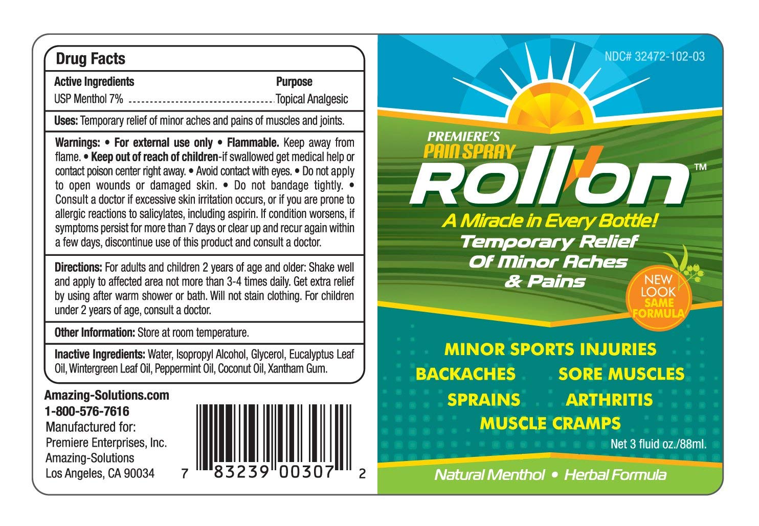 Premiere's Pain Spray menthol peppermint essence showing natural cooling relief.