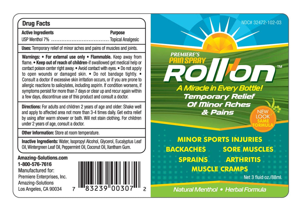 Premiere's Pain Spray menthol peppermint essence showing natural cooling relief.