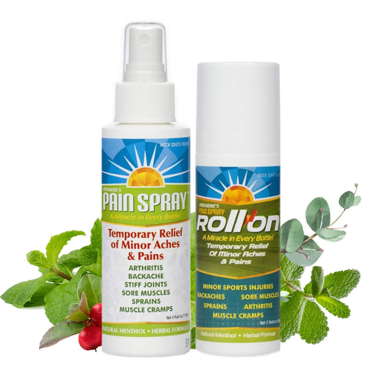 Premiere's Pain Spray spray bottle close-up for quick, convenient relief.