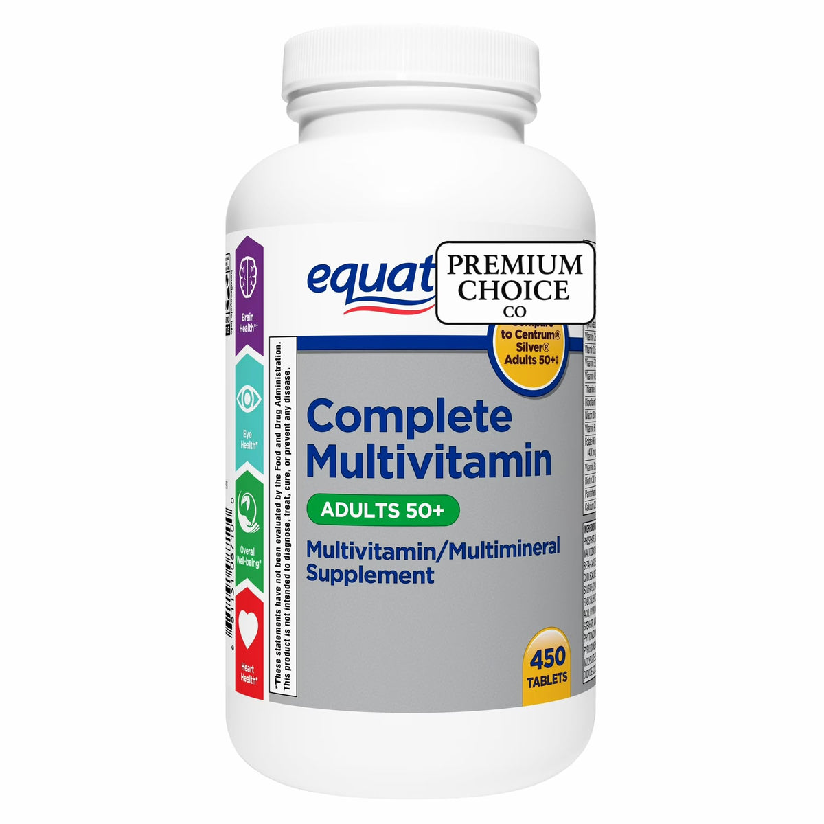 Premium Choice Co Equate 50+ daily multivitamin bottle for adults over 50 that supports energy and immunity
