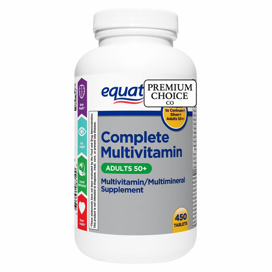 Premium Choice Co Equate 50+ daily multivitamin bottle for adults over 50 that supports energy and immunity