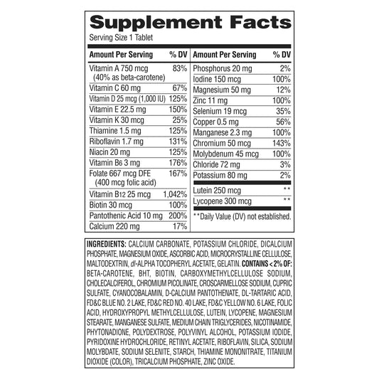 Close-up of Premium Choice Co Equate 50+ tablets, iron-free formula