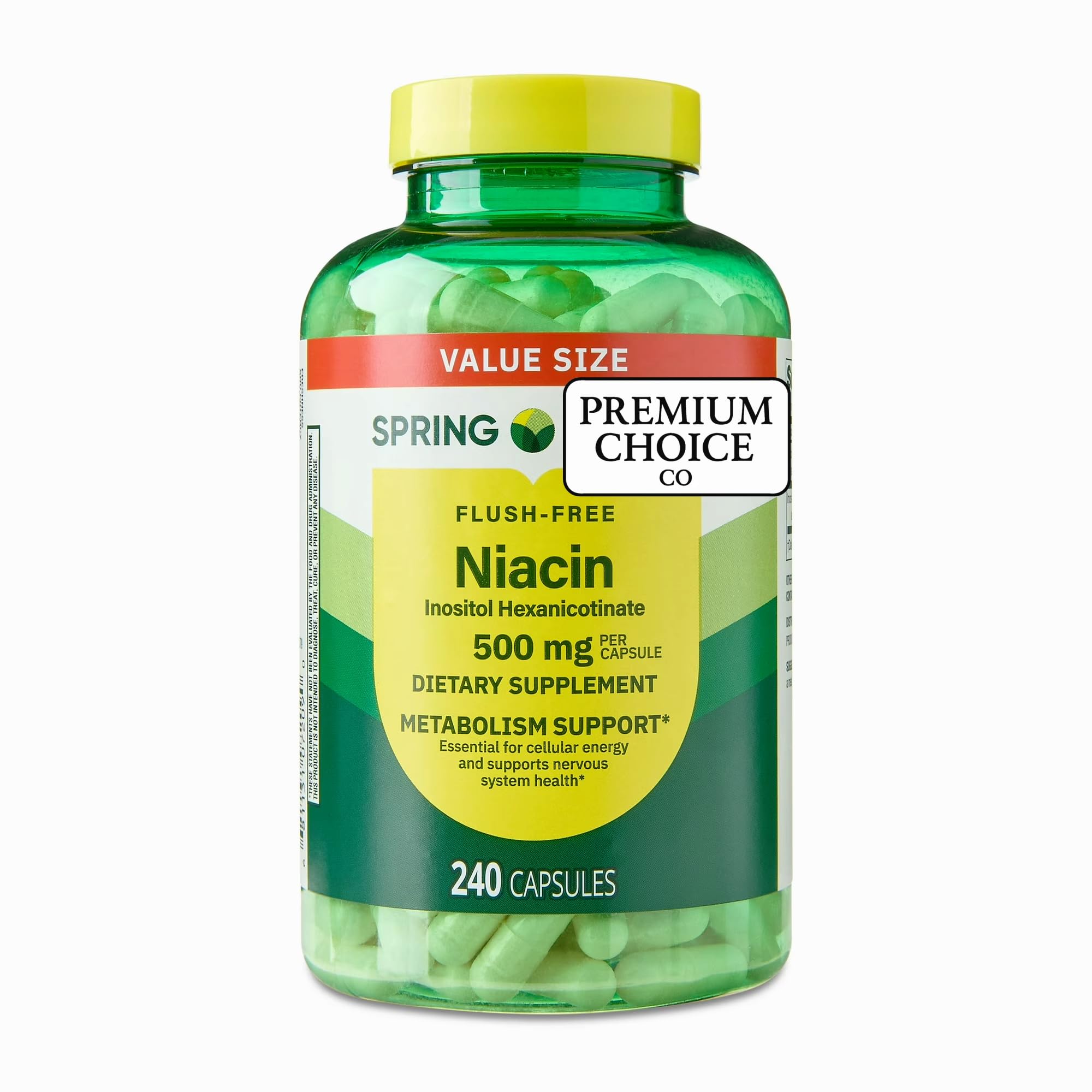 Premium Choice Co Spring Valley Niacin 500mg bottle showing flush-free vitamin B3 for daily energy.