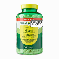 Premium Choice Co Spring Valley Niacin 500mg bottle showing flush-free vitamin B3 for daily energy.