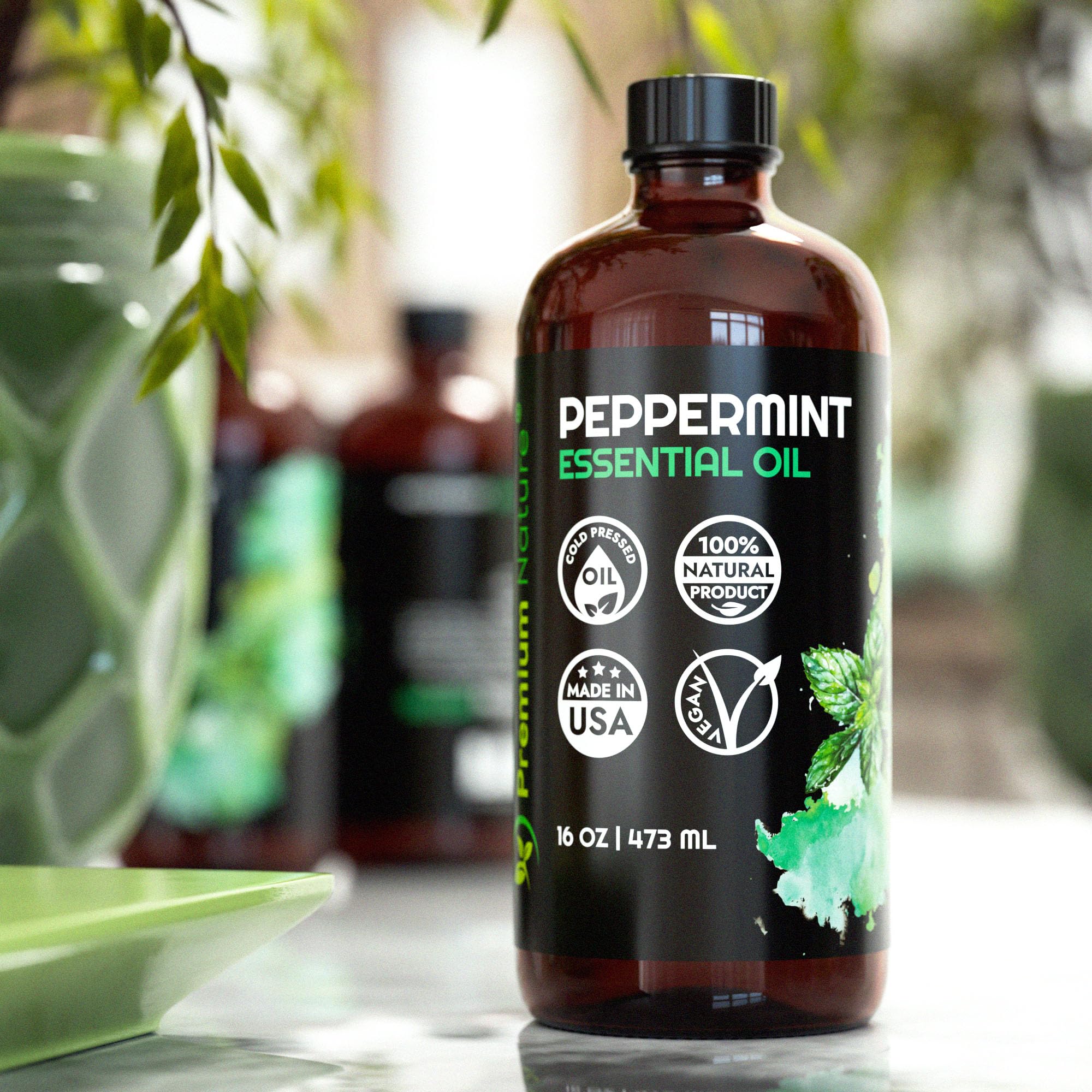 Premium Nature Peppermint Oil diffuser scene highlights refreshing scent for home aromatherapy sessions.