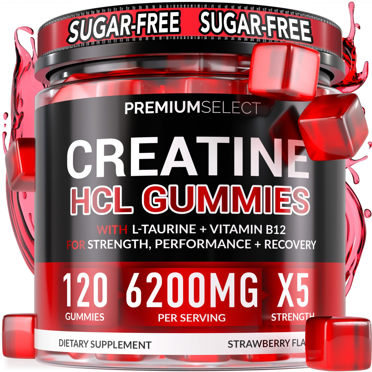 Premium Select Creatine HCL Gummies bottle front for strength and recovery.