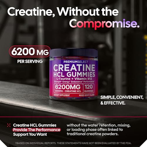 Premium Select Nutrition Creatine HCL Gummies bottle back shows vegan, sugar-free formula details.