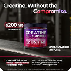 Premium Select Nutrition Creatine HCL Gummies bottle back shows vegan, sugar-free formula details.