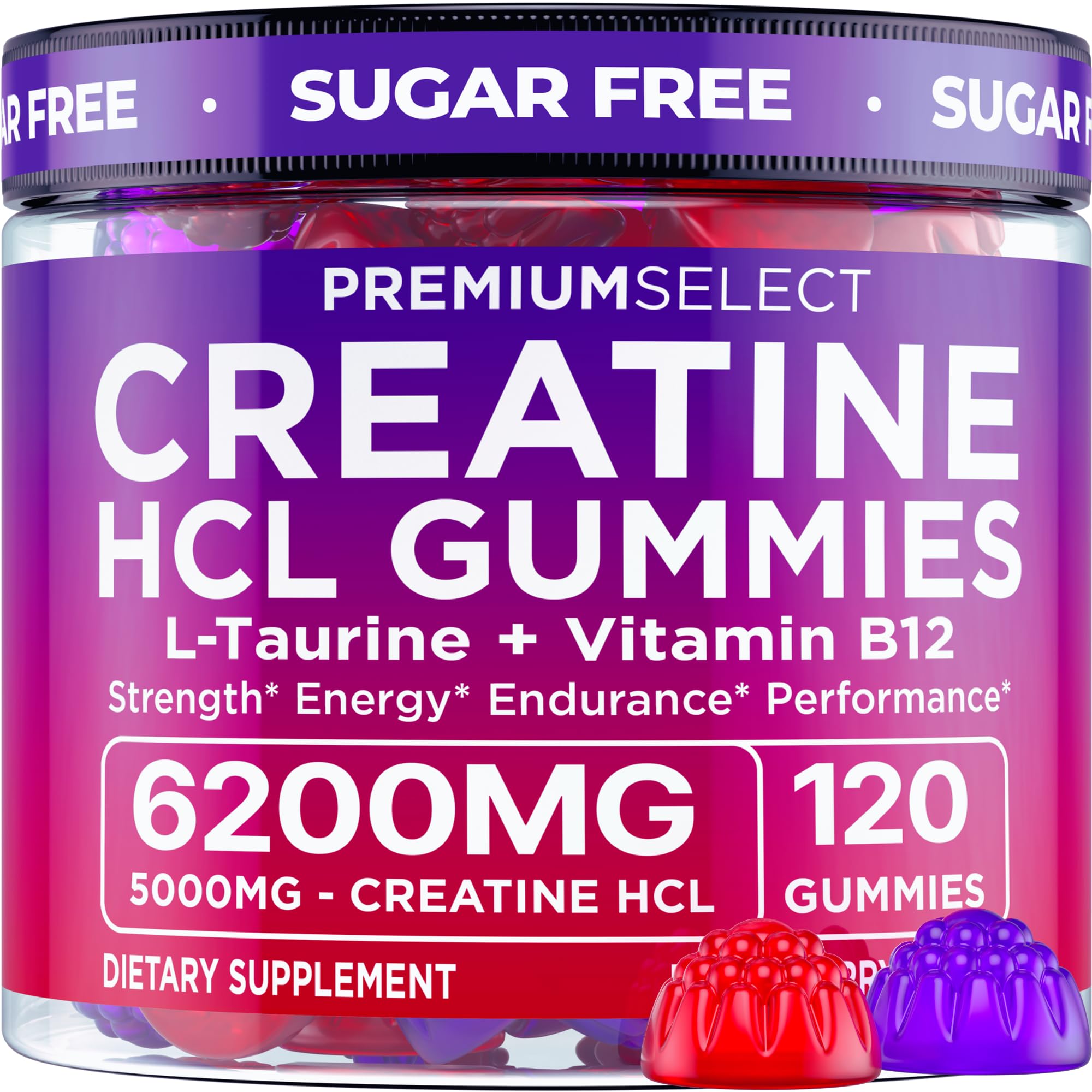 Premium Select Nutrition Creatine HCL Gummies bottle front indicating energy support for workouts.