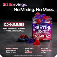 Close-up of gummies from Premium Select Nutrition Creatine HCL for daily supplementation.