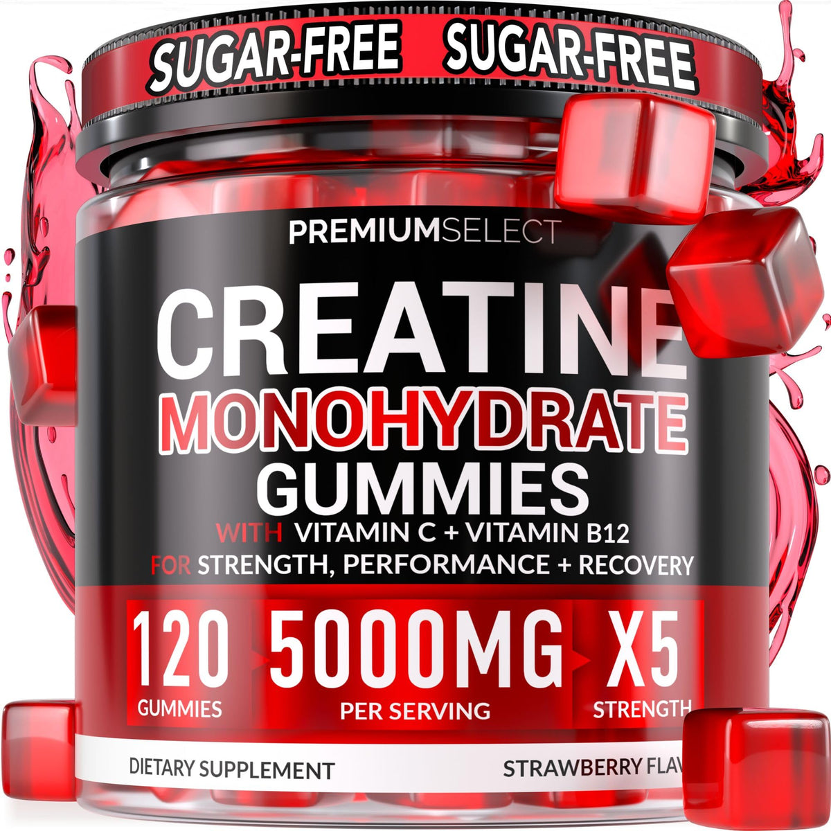 Premium Select Nutrition sugar-free creatine gummies bottle closeup showing clear labeling and benefits