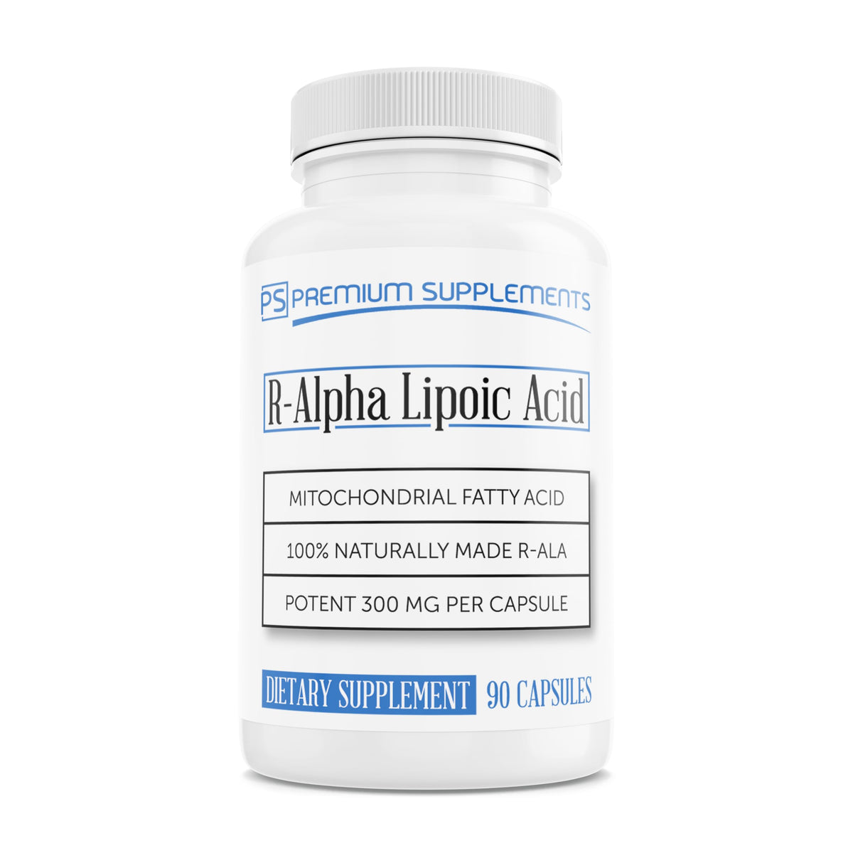 Premium-Supplements R-Alpha Lipoic Acid 300mg bottle showcases MAX Strength formula for daily support.