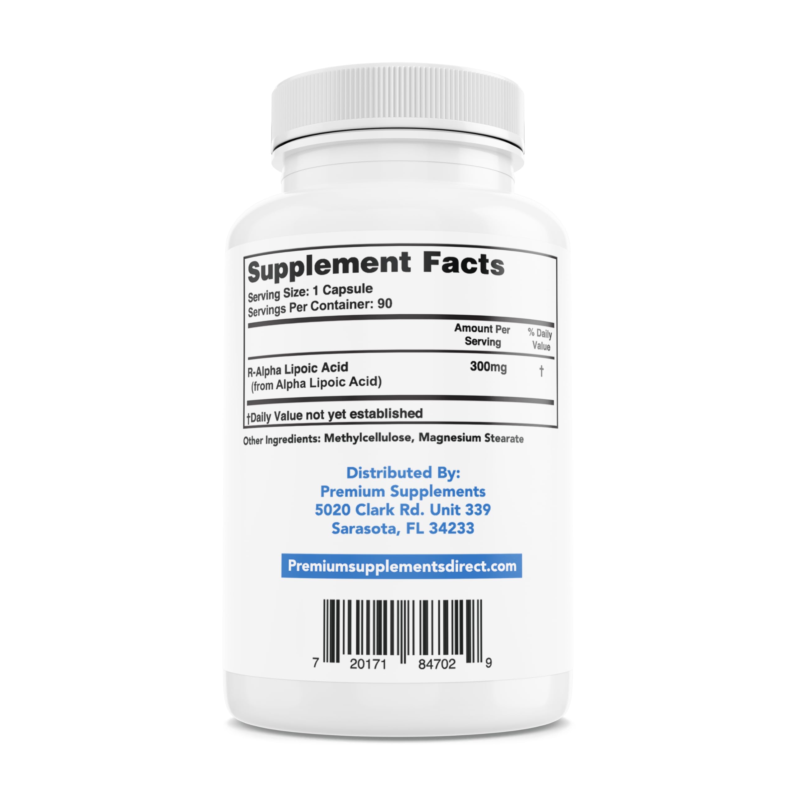 Premium-Supplements R-Alpha Lipoic Acid 300mg capsules stabilized for robust antioxidant support.
