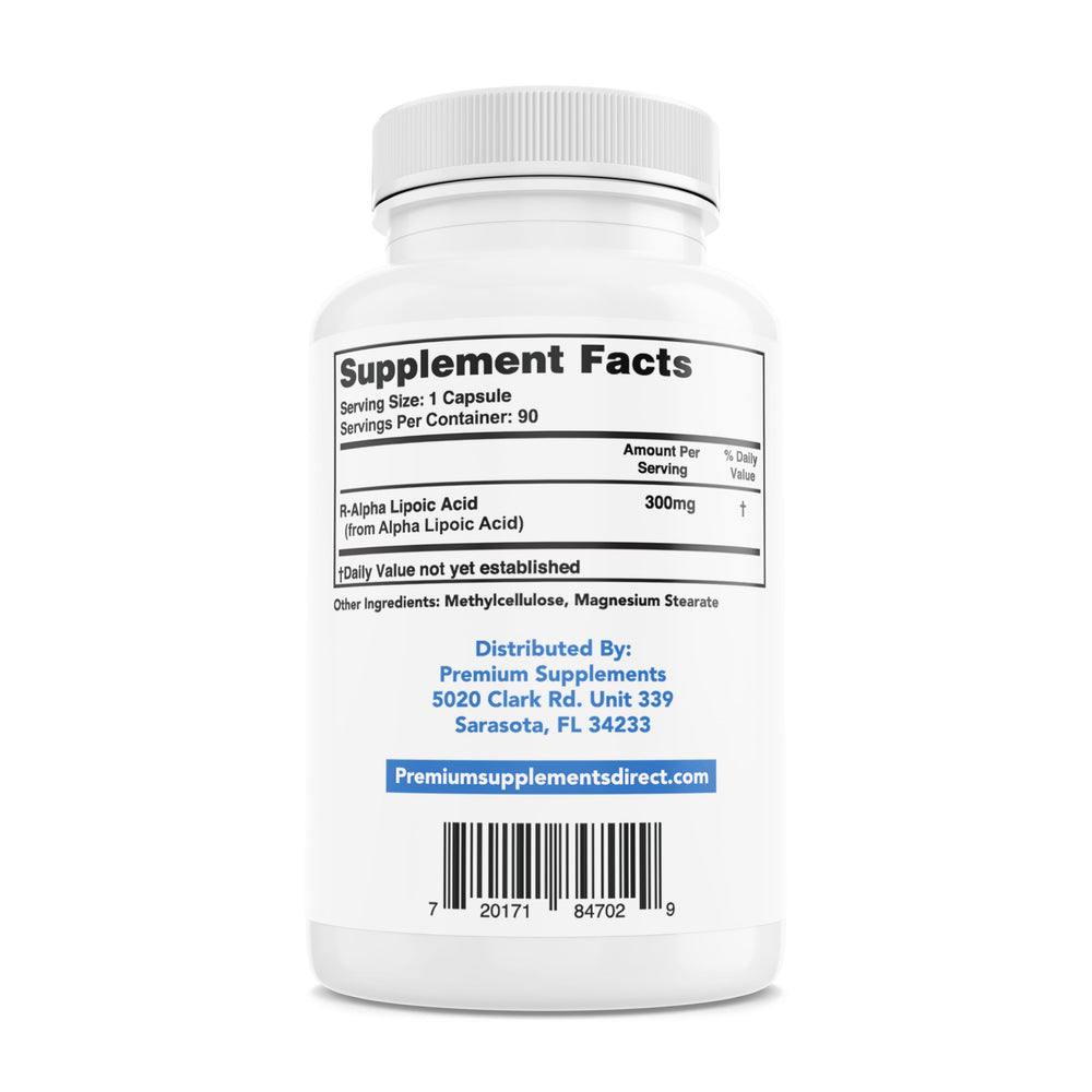 Premium-Supplements R-Alpha Lipoic Acid 300mg capsules stabilized for robust antioxidant support.