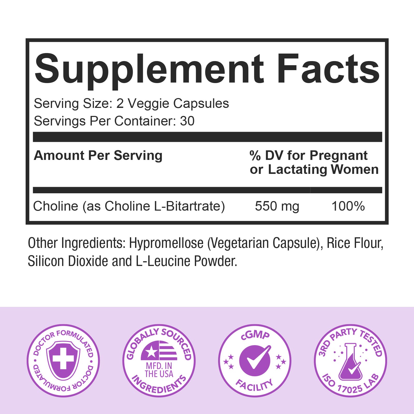 Premom 550mg choline capsules ready for two-capsule daily intake.