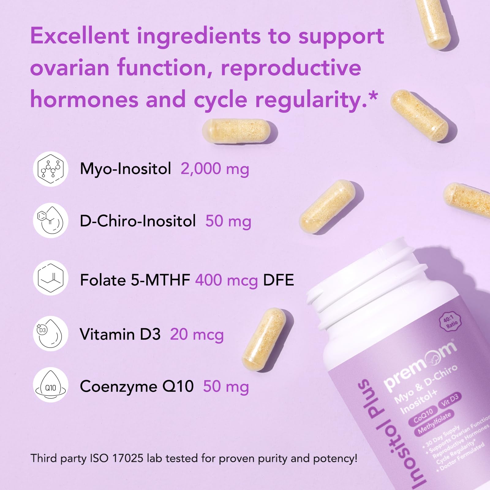 Premom Inositol Plus bottle label detail with CoQ10 and Vitamin D3