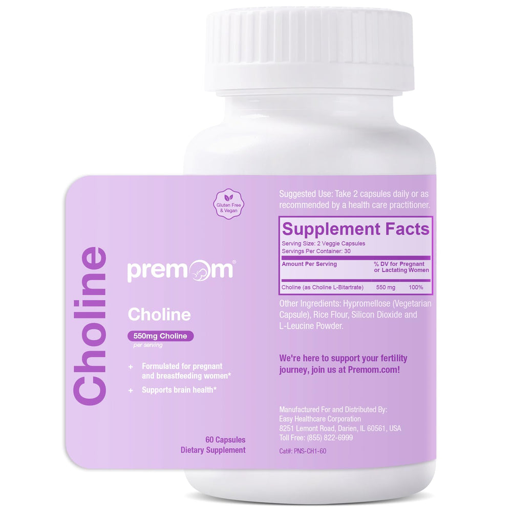 Premom prenatal choline bottle shows 550 mg per serving for daily pregnancy support.