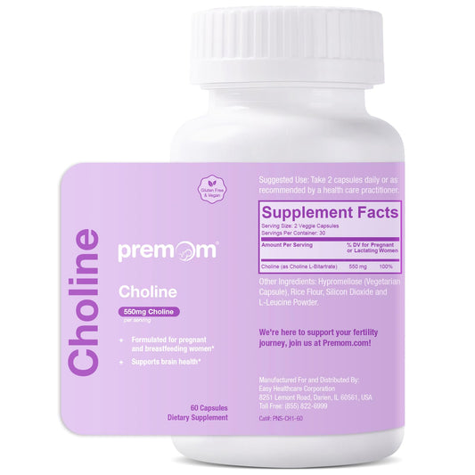 Premom prenatal choline bottle shows 550 mg per serving for daily pregnancy support.