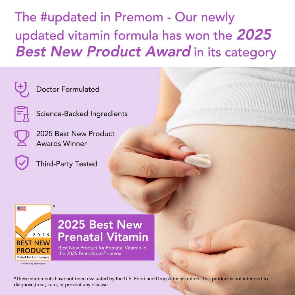 Premom prenatal vitamins bottle side view highlights compact daily dosage.