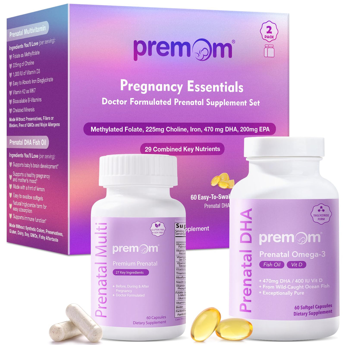 Premom prenatal vitamins bottle shows everyday two-capsule ritual.