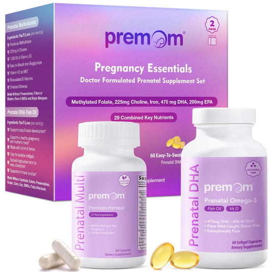 Premom prenatal vitamins bottle shows everyday two-capsule ritual.