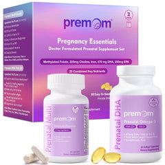 Premom prenatal vitamins bottle shows everyday two-capsule ritual.