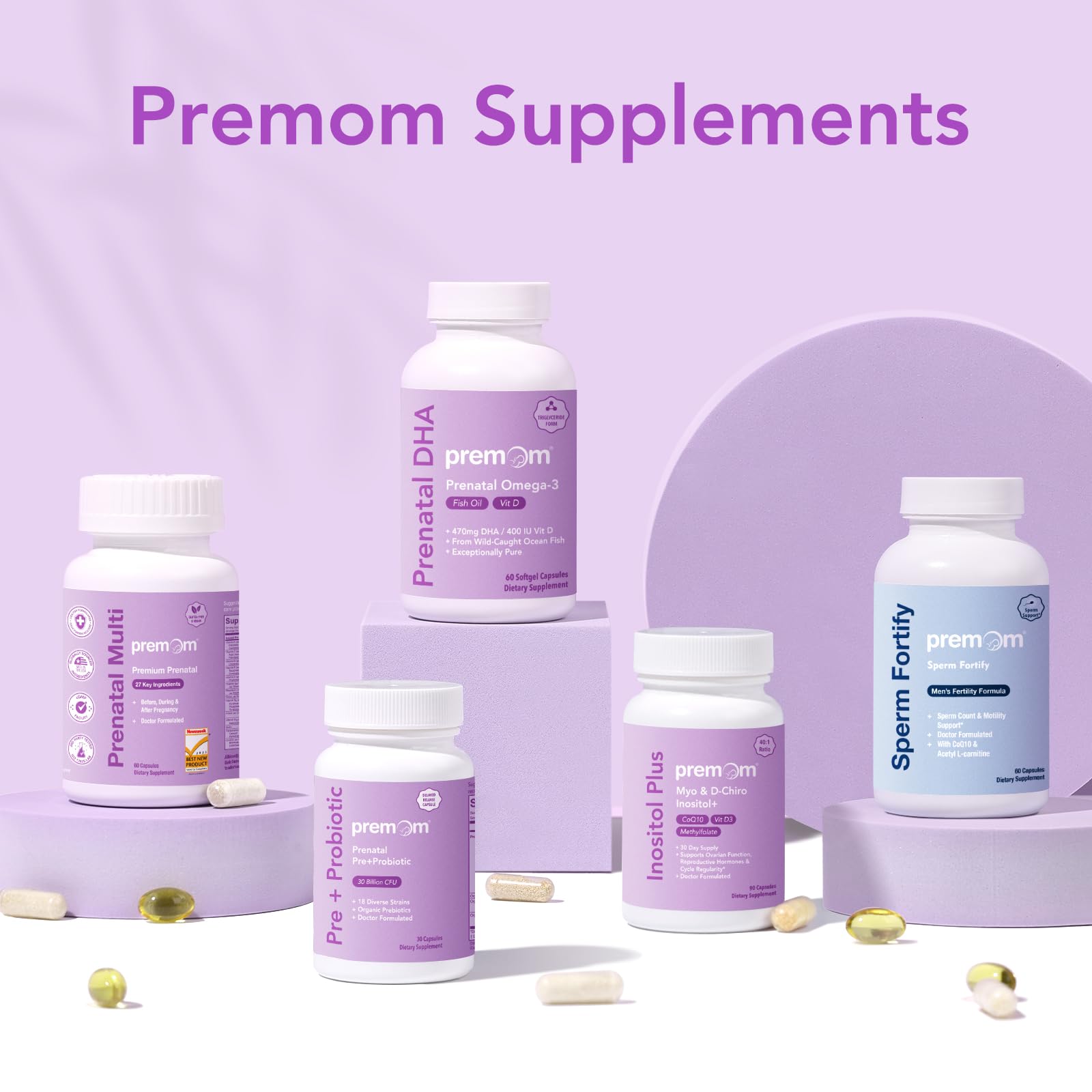 Premom prenatal vitamins close-up reveals 27 nutrients in vegan capsules.