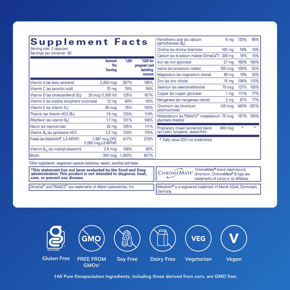 Two Prenatal Nutrients capsules shown as daily dosage with meals for energy support.