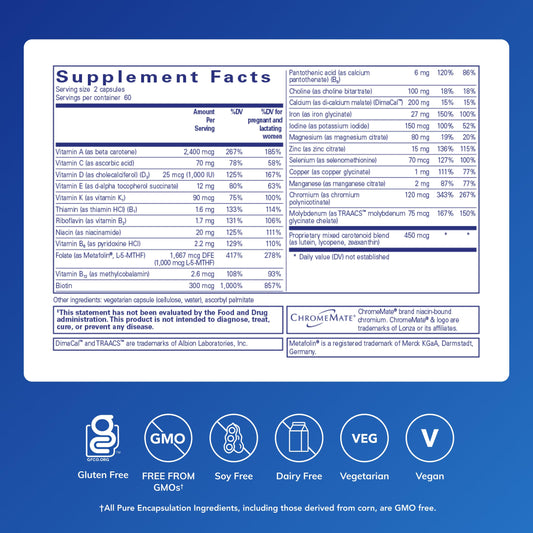 Two Prenatal Nutrients capsules shown as daily dosage with meals for energy support.