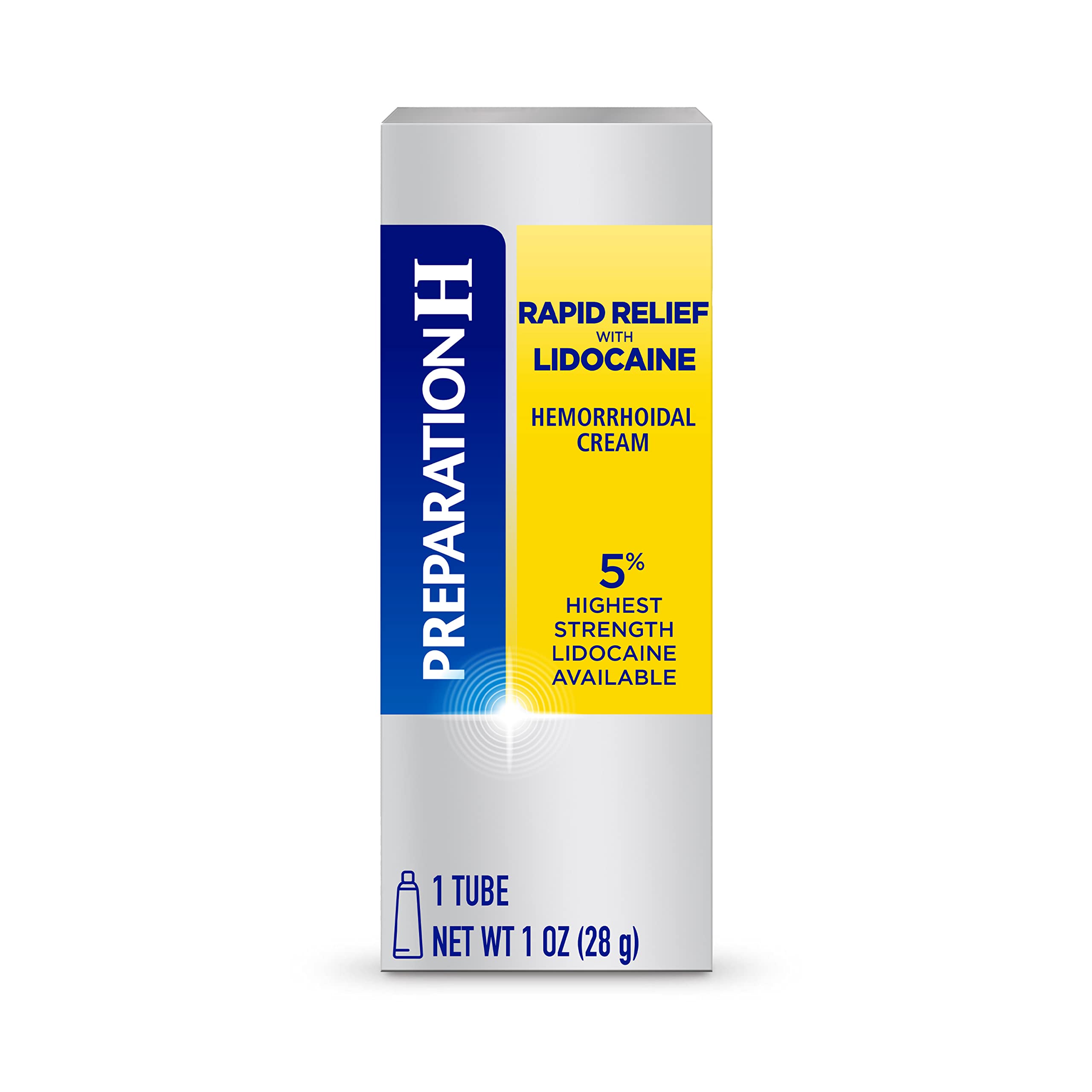 Preparation H Rapid Relief Cream tube on shelf for fast external hemorrhoid relief