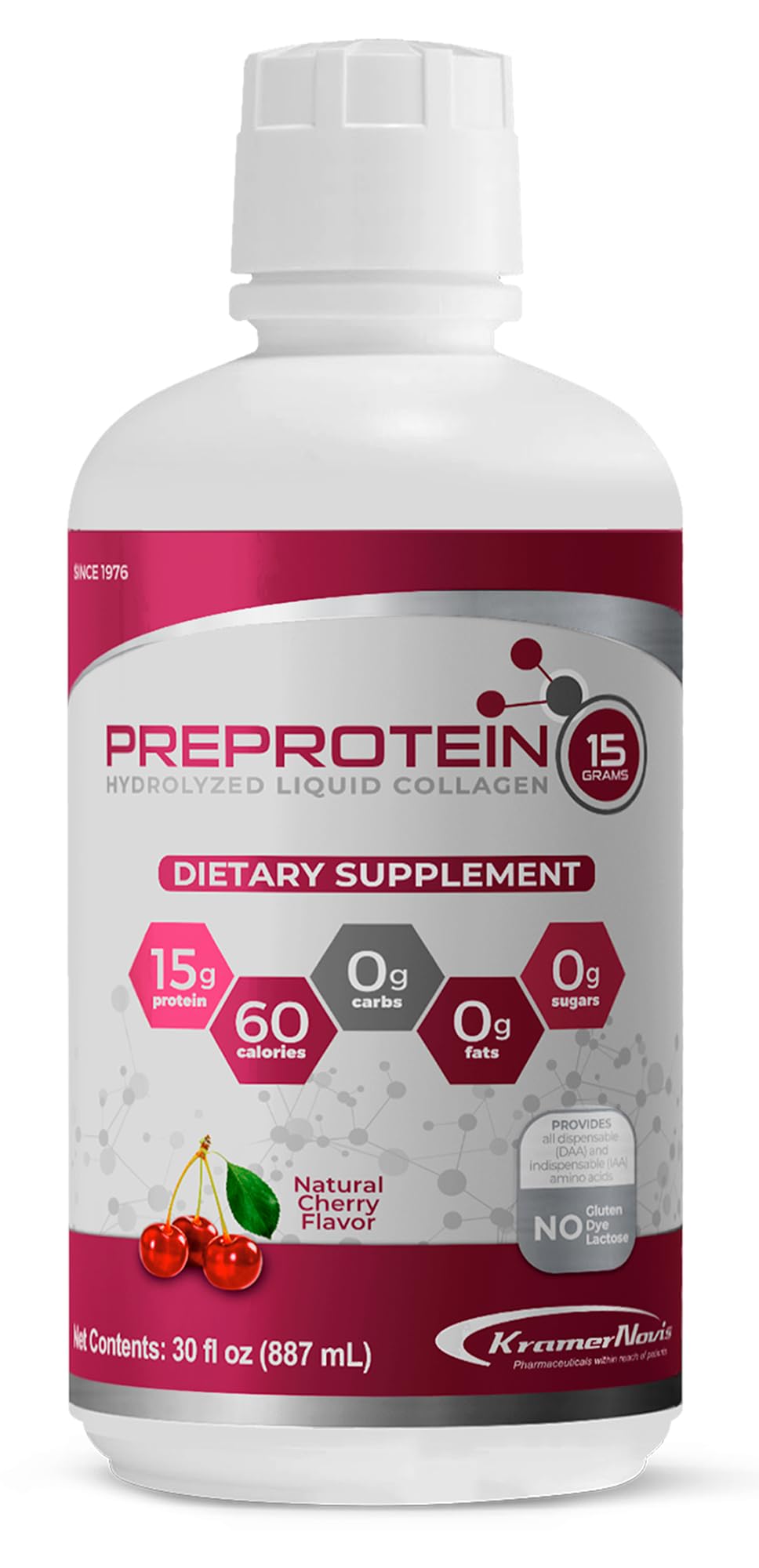 PreProtein 15 liquid bottle front shows potent collagen support for recovery and daily protein intake.
