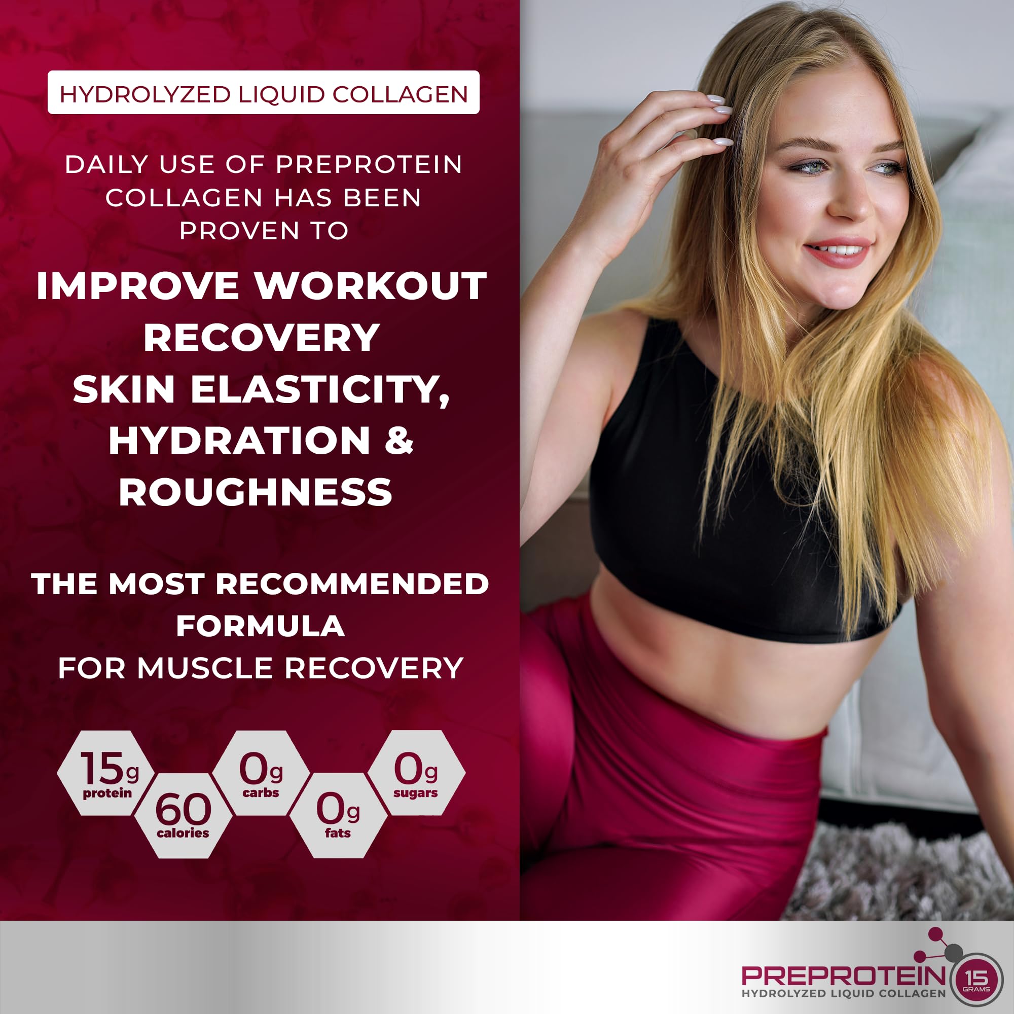 PreProtein 15 liquid bottle label highlights sugar-free, gluten-free formula for healthy diets.